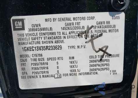 2005 GMC Yukon Sle z USA, uszkodzony, nr VIN 1GKEC13V35R233629